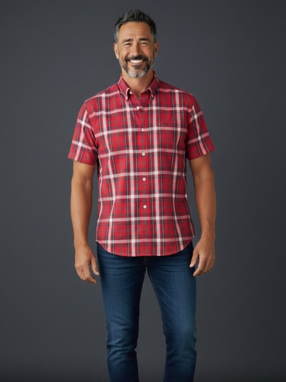 Tommy Hilfiger Red Plaid Short-Sleeve Button-Down Shirt with White Accents